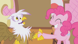 Size: 1280x720 | Tagged: safe, derpibooru import, screencap, gilda, pinkie pie, earth pony, griffon, pony, griffon the brush off, derp, electrocution, faic, smiling