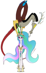 Size: 2057x3300 | Tagged: safe, artist:grievousfan, discord, princess celestia, alicorn, draconequus, pony, discord being discord, female, headstand, male, mare, pony hat, simple background, transparent background