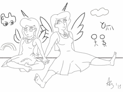 Size: 1024x768 | Tagged: safe, artist:a8702131, princess celestia, princess luna, human, horned humanization, humanized, monochrome, sketch, winged humanization