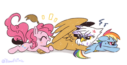 Size: 700x361 | Tagged: safe, artist:akira bano, derpibooru import, gilda, pinkie pie, rainbow dash, earth pony, griffon, pegasus, pony, angry, caught, female, hug, leg hug, looking back, mare, pixiv, simple background, spread wings, trio, vein bulge, white background, wings