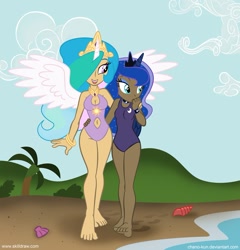 Size: 953x991 | Tagged: safe, artist:chano-kun, princess celestia, princess luna, human, barefoot, beach, belly button, clothes, dark skin, feet, happy, hug, humanized, light skin, navel cutout, nervous, one-piece swimsuit, open mouth, shy, smiling, spread wings, standing, swimsuit