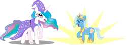 Size: 1494x534 | Tagged: safe, artist:medio-cre, princess celestia, trixie, alicorn, pony, accessory swap, female