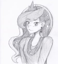 Size: 924x1028 | Tagged: safe, artist:hahasauce, princess luna, earring, humanized, monochrome, solo, traditional art