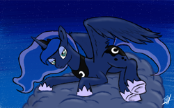 Size: 2200x1375 | Tagged: safe, artist:tomazii7, princess luna, alicorn, pony, cloud, prone, solo