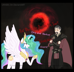 Size: 1165x1123 | Tagged: safe, artist:ulth001, princess celestia, alicorn, pony, undead, vampire, vampony, crossover, lord harkon, quote, red dwarf, skyrim, the elder scrolls