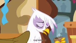 Size: 1023x576 | Tagged: safe, derpibooru import, screencap, gilda, griffon, griffon the brush off, drugs, ei, hub logo, solo, youtube caption