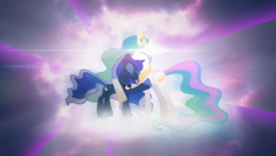 Size: 2732x1536 | Tagged: safe, artist:aelioszero, princess celestia, princess luna, alicorn, pony, cute, eyes closed, hug, lens flare, smiling, vector, wallpaper