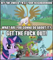 Size: 633x713 | Tagged: safe, derpibooru import, screencap, gilda, twilight sparkle, griffon, caption, comic, gun, revolver, twiface, vulgar, wrong neighborhood