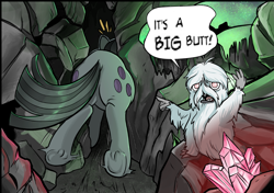 Size: 960x674 | Tagged: safe, artist:pencils, edit, marble pie, oc, oc:hurgus, bushwoolie, comic:anon's pie adventure, butt, cave, crystal, frog (hoof), glowing gems, it's a big butt, plot, the ass was fat, underhoof