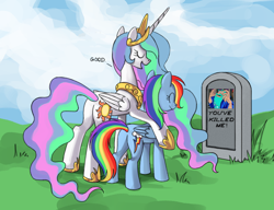 Size: 910x700 | Tagged: safe, princess celestia, rainbow dash, alicorn, pegasus, pony, butt, cd-i, celestia's grave meme, exploitable meme, female, grave, hectan, implied death, mare, meme, plot, the legend of zelda, zelda: the wand of gamelon