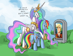 Size: 910x700 | Tagged: safe, princess celestia, rainbow dash, alicorn, pegasus, pony, bernie wiseman, butt, celestia's grave meme, exploitable meme, female, grave, gravestone, gundam, gundam 0080: war in the pocket, implied death, mare, plot