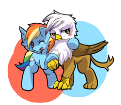 Size: 718x624 | Tagged: safe, artist:apricolor, derpibooru import, gilda, rainbow dash, griffon, pegasus, pony, blushing, duo, female, gildash, hug, interspecies, lesbian, mare, pixiv, shipping, simple background, spread wings, white background, wings