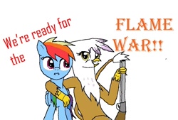 Size: 788x532 | Tagged: safe, artist:hidanandkakuzu126, derpibooru import, gilda, rainbow dash, griffon, pegasus, pony, gun