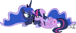 Size: 3725x1610 | Tagged: safe, artist:90sigma, princess luna, twilight sparkle, twilight sparkle (alicorn), alicorn, pony, crying, female, mare, prone, simple background, transparent background, wet mane