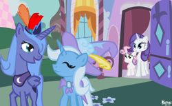 Size: 900x555 | Tagged: safe, artist:kadjule, princess luna, rarity, sweetie belle, trixie, alicorn, pony, unicorn, s1 luna