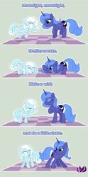 Size: 1000x2014 | Tagged: safe, artist:raininess, princess luna, oc, oc:snowdrop, alicorn, pegasus, pony, butt shake, comic, cute, diabetes, eyes closed, female, grin, hnnng, looking at each other, lunabetes, mare, ocbetes, open mouth, plot, s1 luna, smiling, snowbetes, sunshine sunshine, weapons-grade cute