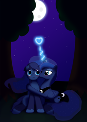 Size: 3000x4211 | Tagged: safe, artist:rusilis, princess luna, oc, alicorn, pony, blushing, canon x oc, kissing, male, moon, smiling, straight