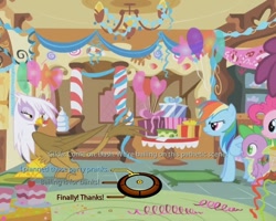 Size: 750x600 | Tagged: safe, derpibooru import, edit, edited screencap, screencap, gilda, pinkie pie, rainbow dash, spike, dragon, earth pony, griffon, pegasus, pony, griffon the brush off, dialogue wheel, mass effect