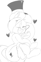 Size: 873x1297 | Tagged: safe, artist:purple-yoshi-draws, oc, oc only, oc:anon, oc:hattsy, cute, hat, heart, hug, lineart, monochrome, the ass was fat, top hat