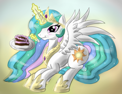 Size: 2919x2259 | Tagged: safe, artist:malamol, princess celestia, alicorn, pony, cake, cakelestia, eating, magic, solo