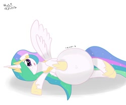 Size: 750x625 | Tagged: safe, artist:theimmortalwolf, princess celestia, alicorn, pony, belly, gurgling, inflation, preglestia, pregnant, solo, stomach noise