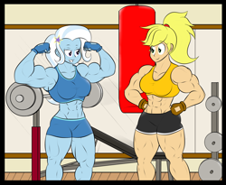 Size: 2776x2271 | Tagged: safe, artist:matchstickman, applejack, trixie, equestria girls, abs, applejacked, applerack, armpits, barbell, biceps, breasts, clothes, deltoids, duo, duo female, female, fingerless gloves, flexing, gloves, grand and muscular trixie, gym, muscles, punching bag, thunder thighs, titsie, triceps