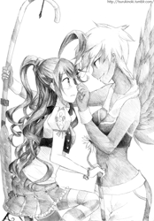 Size: 684x985 | Tagged: safe, artist:tsurukinoki, derpibooru import, gilda, pinkie pie, female, gildapie, grayscale, humanized, lesbian, monochrome, shipping, winged humanization