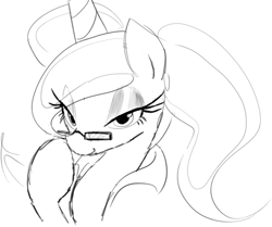 Size: 756x632 | Tagged: safe, artist:zev, princess luna, alicorn, pony, bedroom eyes, glasses, grayscale, monochrome, solo