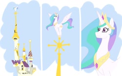 Size: 900x559 | Tagged: safe, artist:yoka-the-changeling, princess celestia, alicorn, pony, balancing, behaving like a bird, canterlot castle, frown, perching, sillestia, solo, spread wings, wat, weather vane, wide eyes