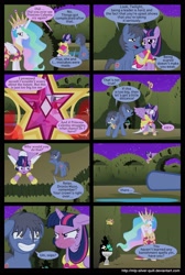 Size: 2000x2978 | Tagged: safe, artist:mlp-silver-quill, princess celestia, twilight sparkle, twilight sparkle (alicorn), oc, oc:clutterstep, alicorn, pony, comic:a princess' tears, big crown thingy, comic, droste maze, facehoof, female, mare, maze, tiara