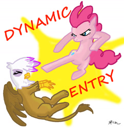 Size: 1552x1603 | Tagged: safe, artist:catscratchpaper, derpibooru import, gilda, pinkie pie, earth pony, griffon, pony, dynamic entry, gildabuse, naruto