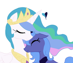 Size: 5616x4850 | Tagged: safe, artist:yummyraccoon, princess celestia, princess luna, alicorn, pony, absurd resolution, eyes closed, floppy ears, frown, heart, neck nuzzle, nuzzling, s1 luna, simple background, sisters, smiling