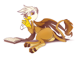 Size: 1150x865 | Tagged: safe, artist:science fox, derpibooru import, gilda, griffon, book, glasses, looking back, on side, paws, plot, raised paw, reading, simple background, solo, white background