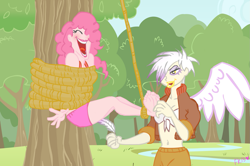 Size: 1343x890 | Tagged: safe, artist:fr-13, derpibooru import, gilda, pinkie pie, barefoot, bondage, feather, feet, female, gildapie, humanized, laughing, lesbian, rope, shipping, tickle torture, tickling, tree, winged humanization