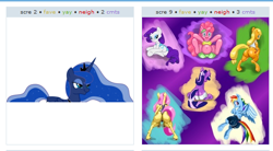 Size: 538x297 | Tagged: safe, artist:mr.v, applejack, fluttershy, pinkie pie, princess luna, rainbow dash, rarity, twilight sparkle, alicorn, earth pony, pegasus, pony, unicorn, butt, exploitable meme, juxtaposition, juxtaposition win, mane six, plot