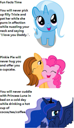 Size: 383x659 | Tagged: safe, pinkie pie, princess luna, trixie, oc, alicorn, earth pony, pony, disliked truth, female, filly, filly trixie, fun facts, hug, i reject op's reality and substitute my own, sad truth, text, truth, you will never x, younger