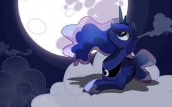 Size: 1440x900 | Tagged: safe, artist:random-gal, princess luna, alicorn, pony, cloud, cloudy, cutie mark, female, full moon, hooves, horn, jewelry, lying on a cloud, mare, mare in the moon, moon, night, night sky, on a cloud, open mouth, prone, regalia, shadow, sky, solo, spread wings, tiara, vector, wallpaper, wings