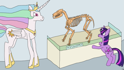 Size: 1191x670 | Tagged: safe, artist:roxor128, princess celestia, twilight sparkle, alicorn, pony, fossil, mesohippus, newbie artist training grounds, skeleton