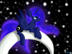 Size: 1400x1050 | Tagged: safe, artist:dawn079, princess luna, alicorn, pony, crescent moon, moon, prone, solo, tangible heavenly object