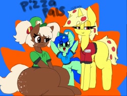 Size: 512x387 | Tagged: safe, artist:chillywilly, oc, oc only, oc:chilly willy, oc:pizazz, oc:rooty booty, food pony, original species, pizza pony, pony, unicorn, bottlecap, butt freckles, clothes, eyeshadow, food, freckles, hat, large butt, makeup, meat, name tag, pepperoni, pigtails, ponified, shirt, soda pony, thunder thighs