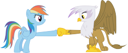 Size: 3522x1461 | Tagged: safe, artist:turbo740, derpibooru import, gilda, rainbow dash, griffon, pegasus, pony, brofist, hoofbump, simple background, transparent background, vector