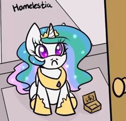 Size: 600x577 | Tagged: safe, artist:slavedemorto, princess celestia, alicorn, pony, frown, homeless, looking at you, pun, sitting, solo