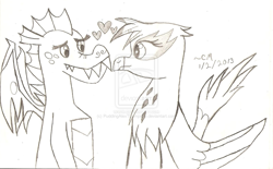 Size: 1280x794 | Tagged: safe, artist:puddingalexthompson, derpibooru import, garble, gilda, dragon, griffon, black and white, crack shipping, female, garilda, grayscale, heart, male, shipping, straight, this will end in death, this will end in tears and/or death, traditional art, watermark