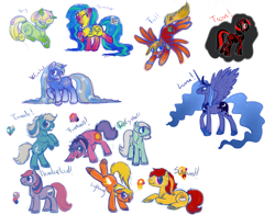 Size: 1000x783 | Tagged: safe, artist:sagawolf, ice crystal, princess luna, sunburst, tornado (g1), oc, oc:fall, oc:spring, oc:summer, oc:winter, alicorn, earth pony, pegasus, pony, unicorn, g1, autumn, bipedal, bracelet, bucking, cute, eyes closed, female, fireball (g1), flying, g1 to g4, generation leap, grin, happy, lightning, male, mare, necklace, open mouth, ponified, prone, raised hoof, raised leg, rearing, smiling, spread wings, spring, stallion, thundercloud (g1), tron