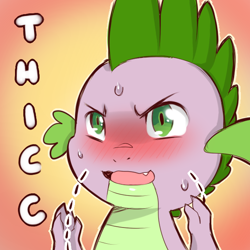 Size: 600x600 | Tagged: safe, artist:cold-blooded-twilight, spike, dragon, blushing, reaction image, solo, sweat, the ass was fat, thick