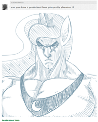 Size: 500x621 | Tagged: safe, artist:sallymon, princess luna, hokuto no ken, horned humanization, humanized, monochrome, muscles, princess muscle moona, rule 63, solo