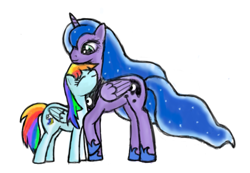 Size: 700x483 | Tagged: safe, artist:tensecondsflat, princess luna, rainbow dash, alicorn, pegasus, pony, female, lesbian, lunadash, neck nuzzle, nuzzling, shipping, simple background