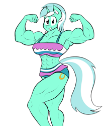 Size: 1381x1648 | Tagged: safe, artist:matchstickman, lyra heartstrings, anthro, unicorn, abs, armpits, biceps, breasts, clothes, deltoids, female, flexing, looking at you, lyra hamstrings, lyrack, mare, muscles, simple background, solo, swimsuit, thunder thighs, white background