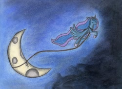 Size: 900x654 | Tagged: safe, artist:septilsix, princess luna, alicorn, pony, eyes closed, flying, moon, moon work, rope, solo, tangible heavenly object, traditional art