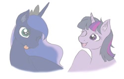 Size: 1024x652 | Tagged: safe, artist:vertonica, princess luna, twilight sparkle, twilight sparkle (alicorn), alicorn, pony, ear fluff, female, mare, tongue out, wink